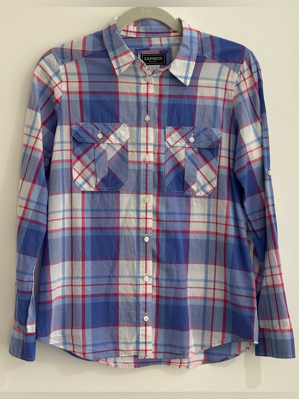Express Original Plaid Button Down Shirt Blue Red White Size Small